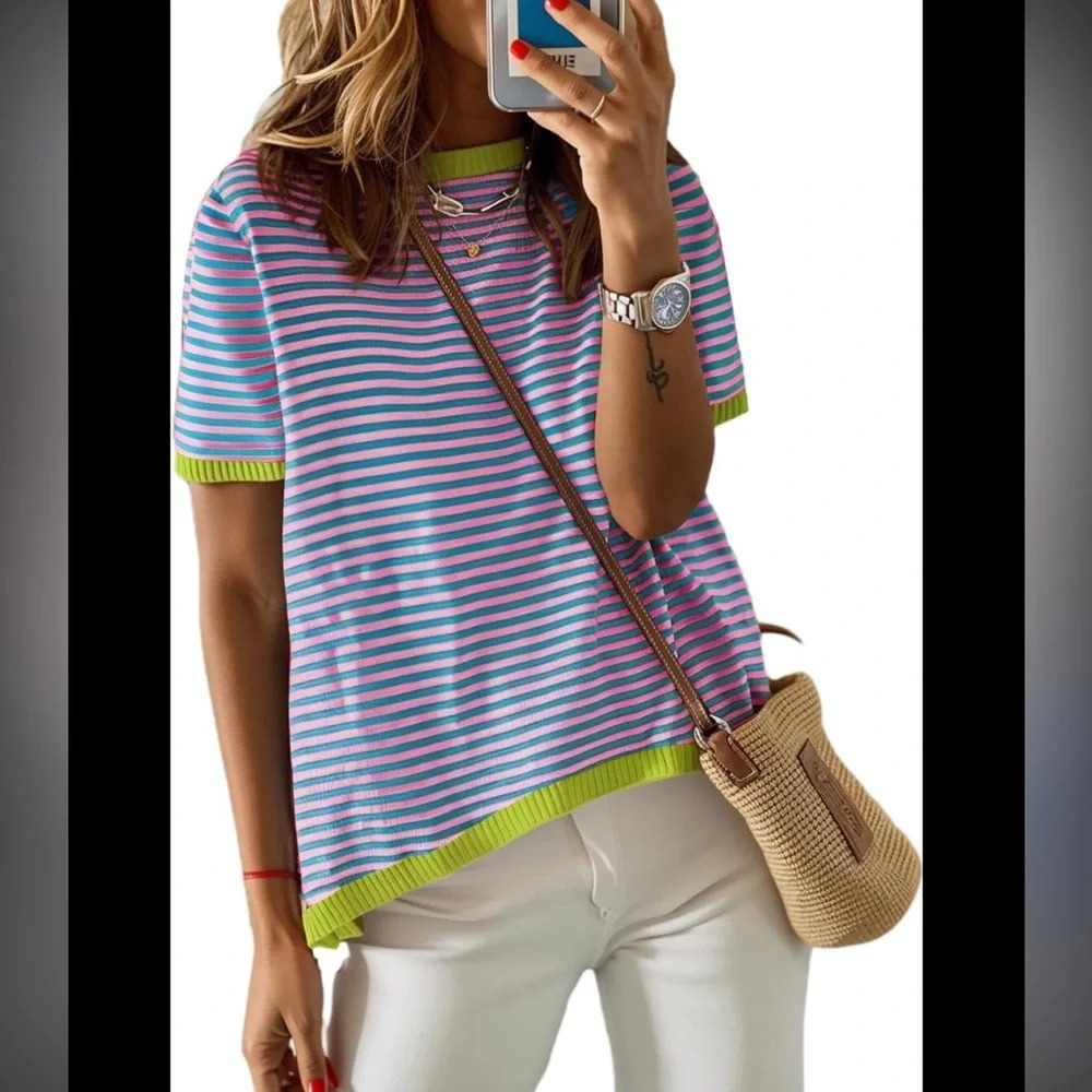 Dokotoo Stripe Knit Blouse Pink‎ Blue 2XL